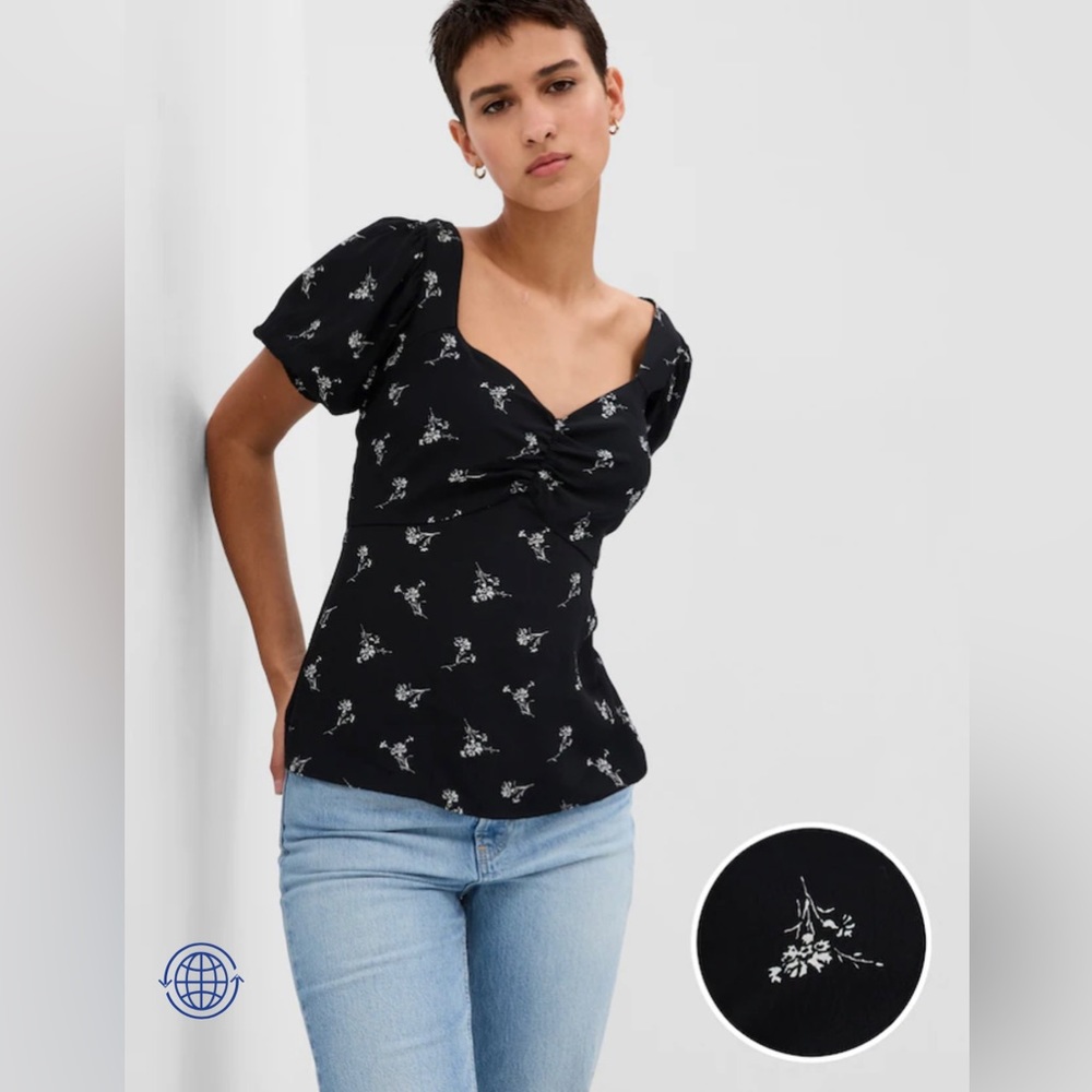 NWT Gap Puff Sleeve Sweetheart Top - Black White Flower - Size Medium